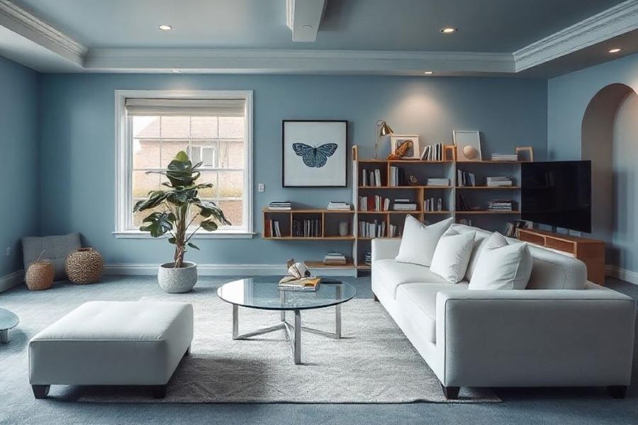 Light blue living room with blue painted ceiling and light blue carpet